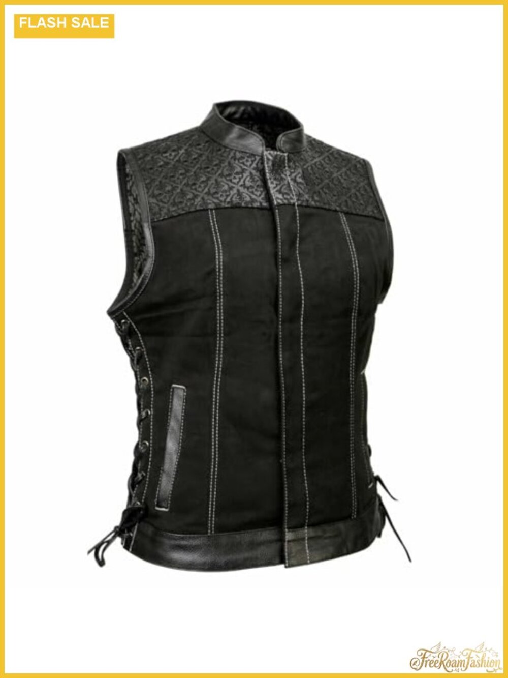Women's Skelly Skull Embroidered Motorcycle Denim Vest Leather Trim